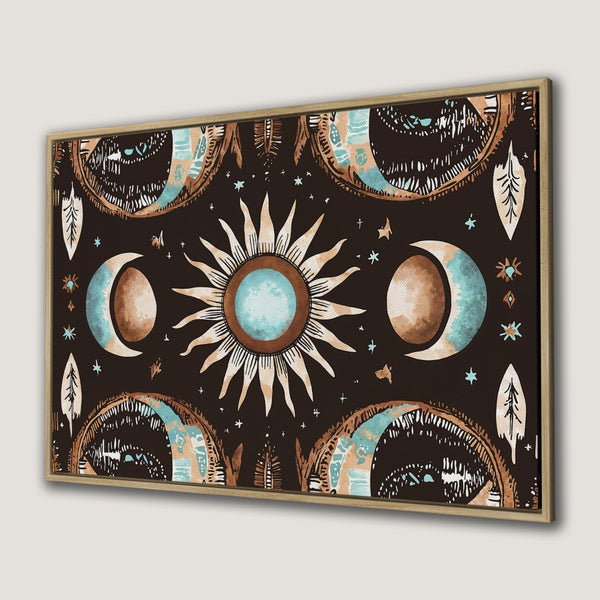 Bohemian Canvas Print featuring sun, moon, and stars in a warm brown, teal, and cream color palette. Perfect wall art for your space!