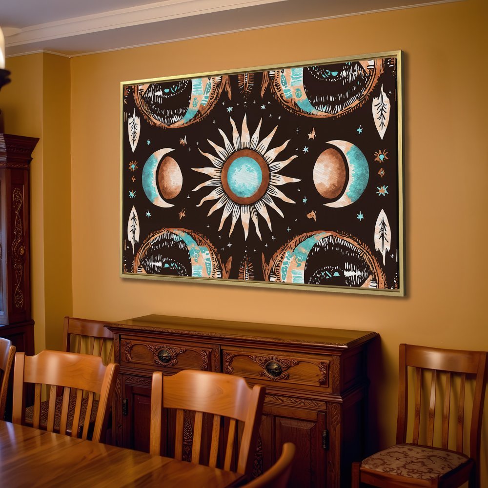 Canvas Print featuring a celestial design with sun and moon on a black background, boho style, earth tone color palette.