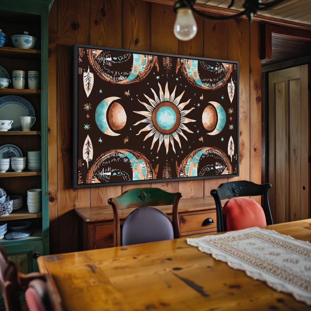 Framed Wall Art featuring a celestial design with sun and moon, in a bohemian style with brown, teal, and cream tones. Perfect for home decor!