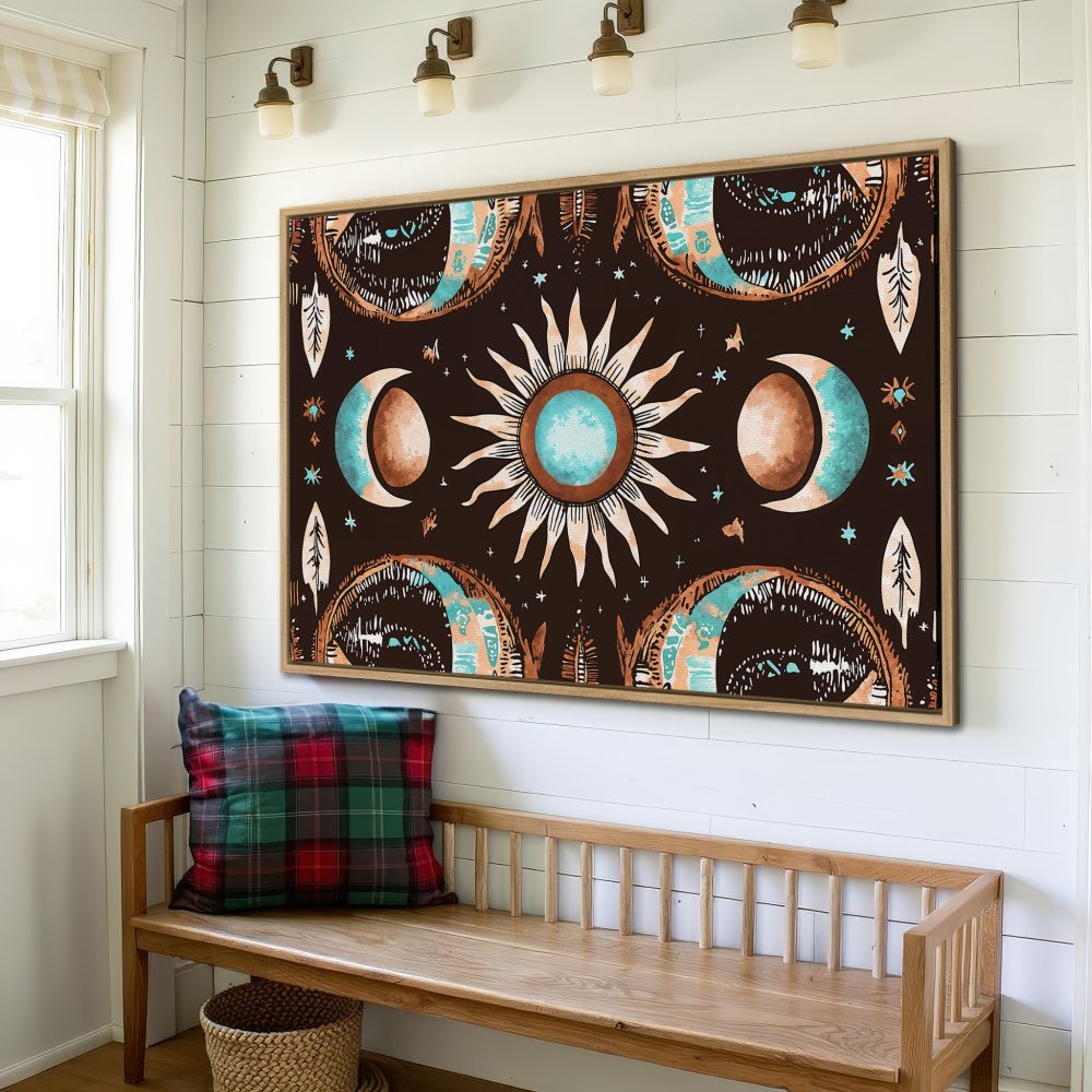 Framed Wall Art: Celestial sun and moon design in boho style, featuring a brown, teal, and orange color palette. Perfect for home decor!