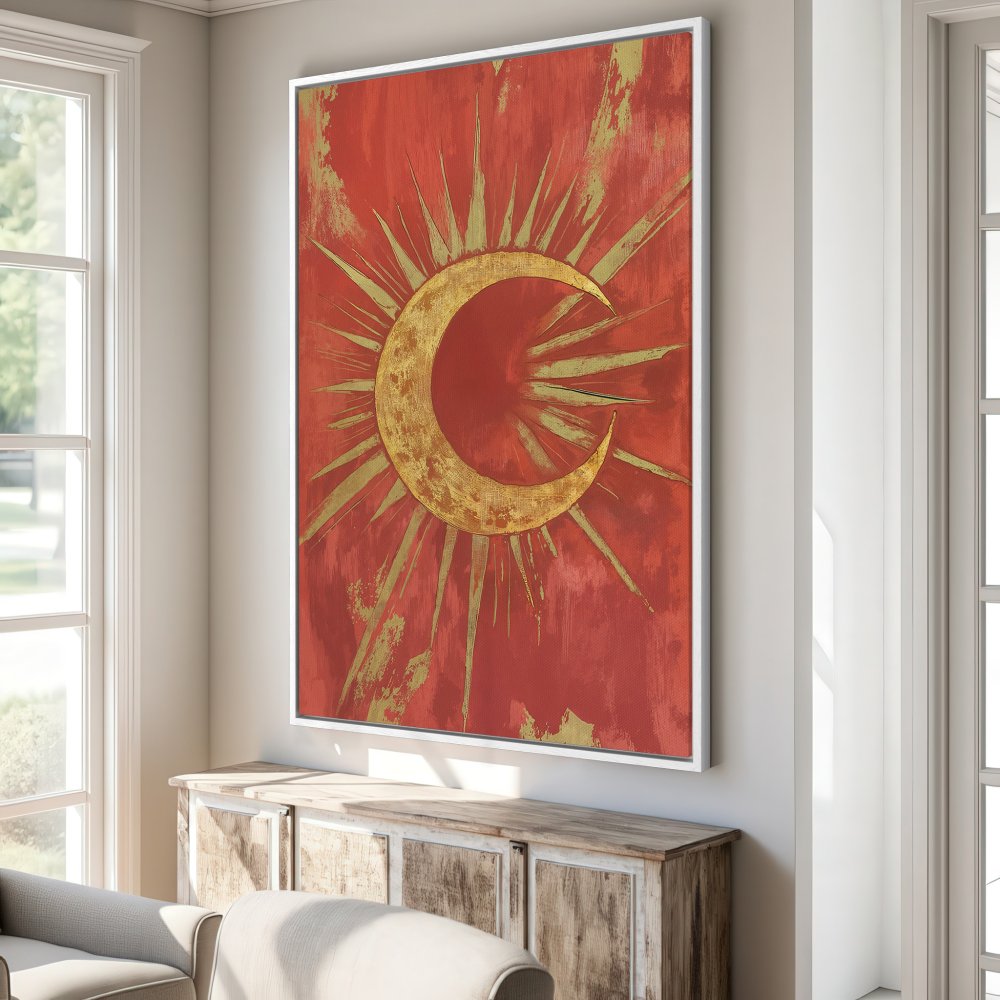 Framed Wall Art: Abstract sun and moon design in gold and red. Modern art canvas print for living room decor.