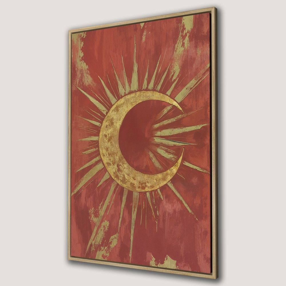 Framed Wall Art: Celestial moon & sun design in gold & red. Add a touch of boho style to your home with this stunning canvas print!