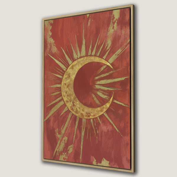 Framed Wall Art: Celestial moon & sun design in gold & red. Add a touch of boho style to your home with this stunning canvas print!