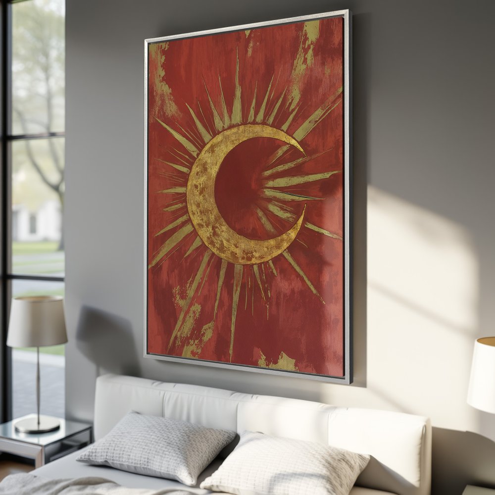 Framed Wall Art featuring a gold crescent moon and sunburst design on a red background. Modern, stylish Canvas Print in a bedroom setting.