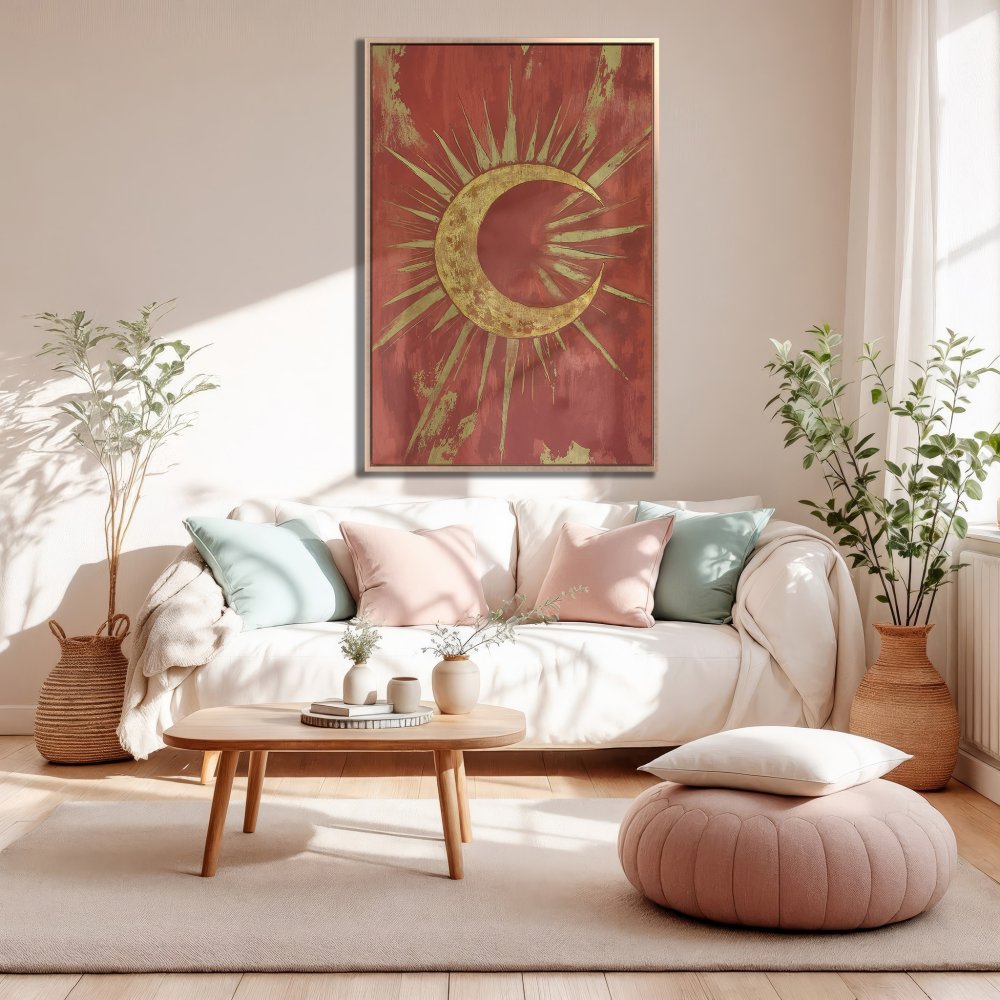 Framed Wall Art: Celestial moon and sun design in gold and red, adding bohemian style to any living room. Shop now for unique wall decor!