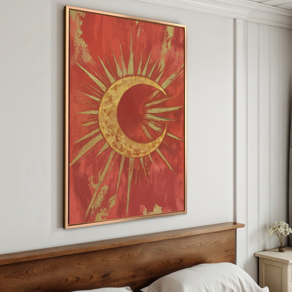 Framed Wall Art: Celestial moon and sunburst art print in red and gold. Modern abstract canvas art for bedroom decor.