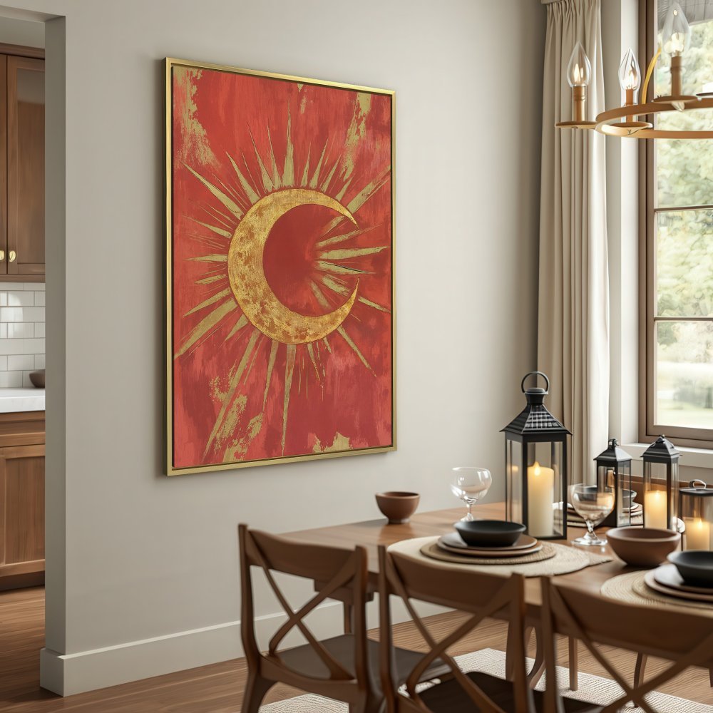 Canvas Print featuring a celestial design with a gold crescent moon on a red background. Rustic style wall art, perfect for any room.