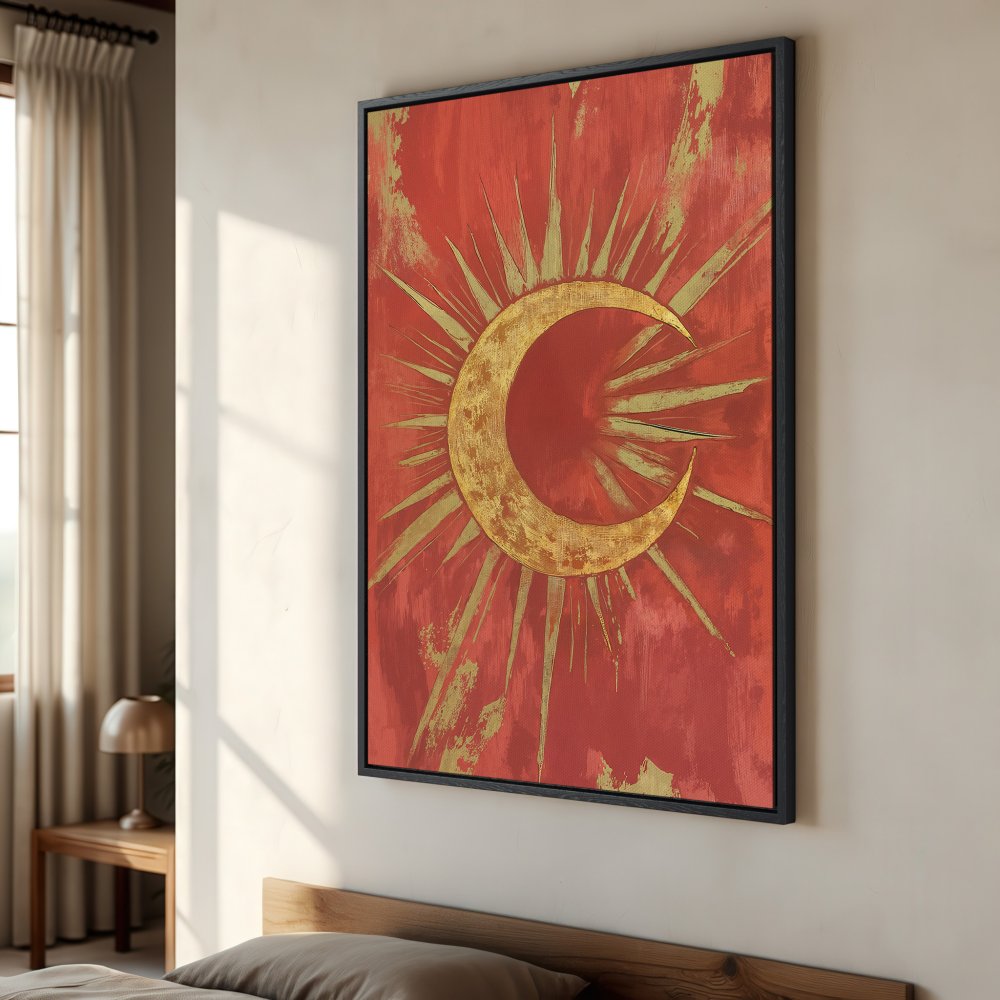 Framed Wall Art: Abstract celestial design with a gold crescent moon and sunburst on a red background. Perfect for adding a touch of bohemian style.