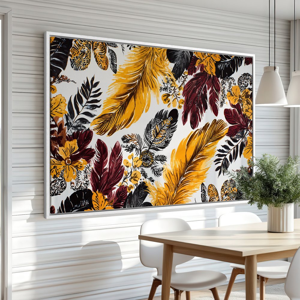 Framed Wall Art: Botanical feather print in warm yellow, burgundy, & black. Modern art for living room or dining space.