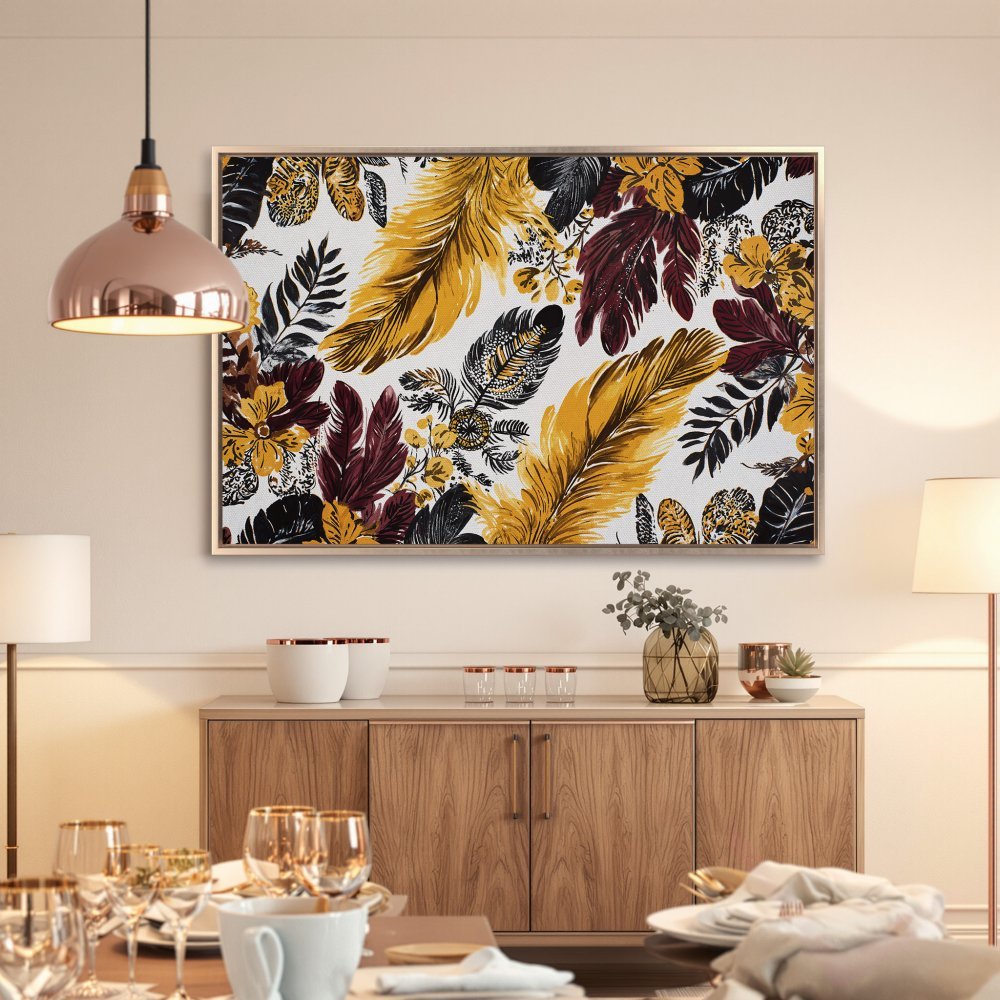 Framed Wall Art featuring a vibrant feather and floral design in gold, burgundy, and black. Perfect for adding a touch of elegance!