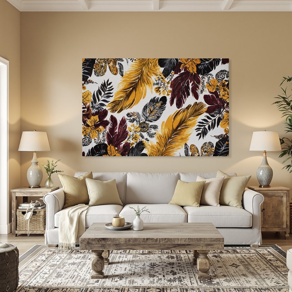Framed Wall Art featuring vibrant feather design. Warm yellow, burgundy, and black color palette. Perfect for adding a pop of color to any room.