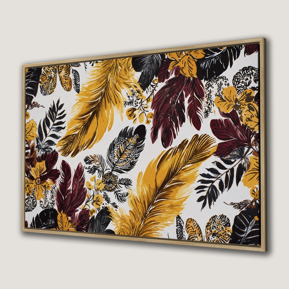 Framed Wall Art: Floral feather design in gold, burgundy, and black on a white background. Perfect for adding a touch of elegance.