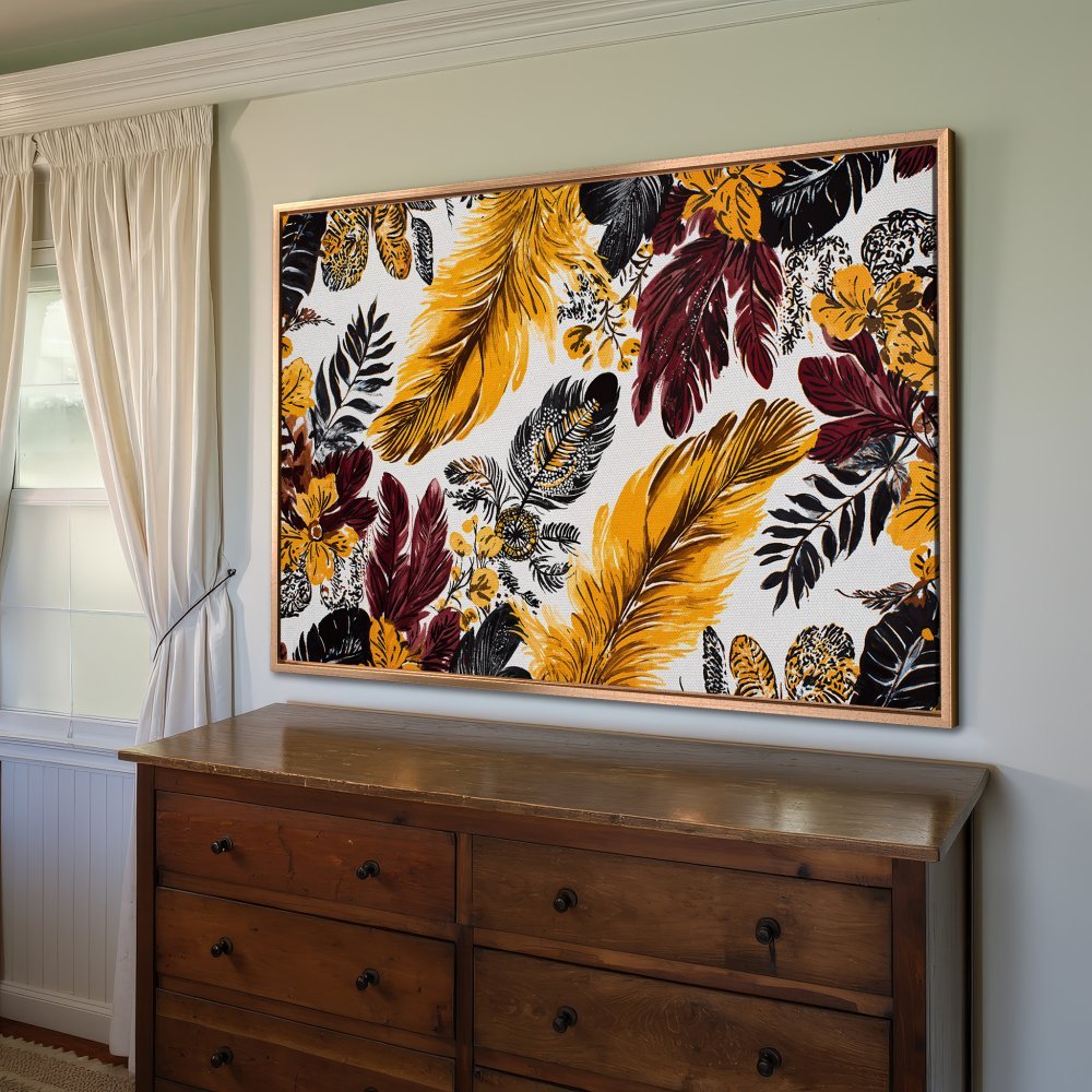 Framed Wall Art featuring vibrant feathers in yellow, burgundy, and black. Modern floral print canvas, perfect for home decor.