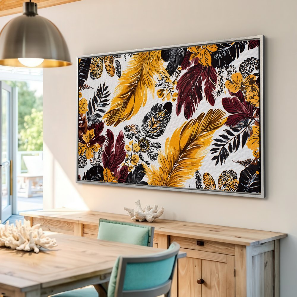 Framed Wall Art: Stunning feather design in warm yellow, burgundy, and black, perfect for adding a touch of elegance to your home decor.