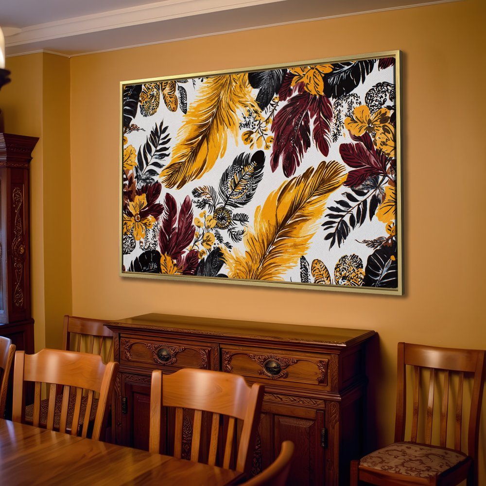 Canvas Print featuring a vibrant feather pattern in gold, burgundy, and black. Adds a touch of bohemian style to any living room.