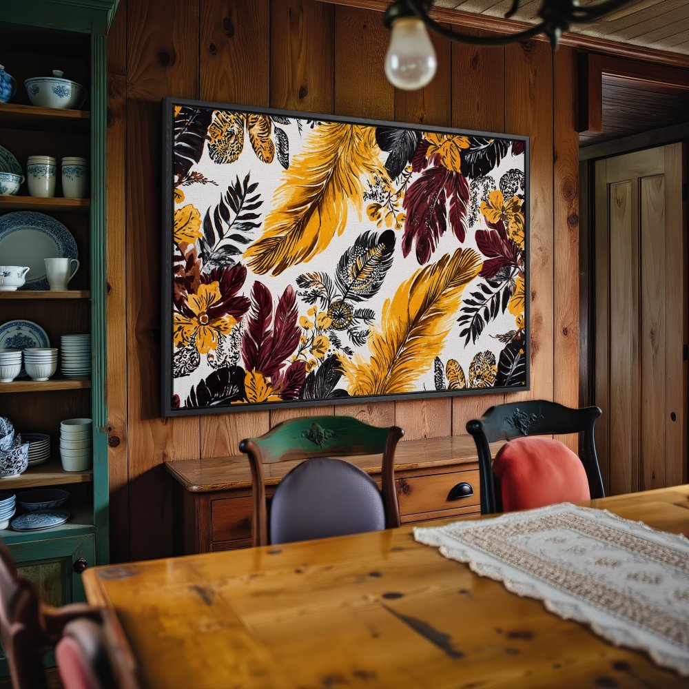 Framed Wall Art: Floral feather design in warm yellow, burgundy, and black. Perfect for adding a touch of bohemian style to your home decor.
