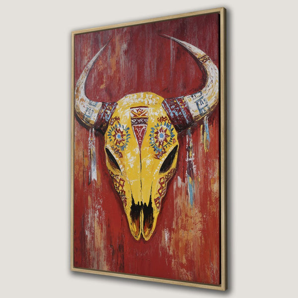 Framed Wall Art: Bold bull skull canvas print in vibrant yellow and red. Add a touch of boho style to your home decor!