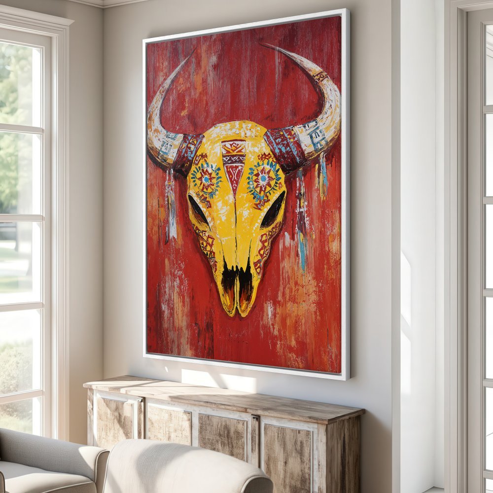 Framed Wall Art: Bold bull skull canvas print in vibrant red and yellow, perfect for boho or southwestern decor. Shop now!