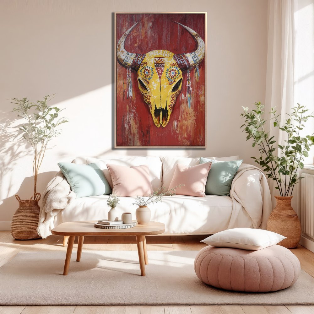 Framed Wall Art: Bold yellow bull skull Canvas Print with red and gold abstract background. Perfect for boho decor.