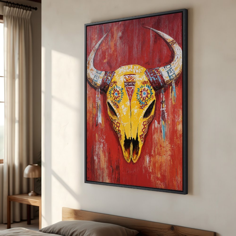 Framed Wall Art: Bold yellow bull skull on a vibrant red background. Southwestern style Canvas Print with a striking color palette, perfect for any home.