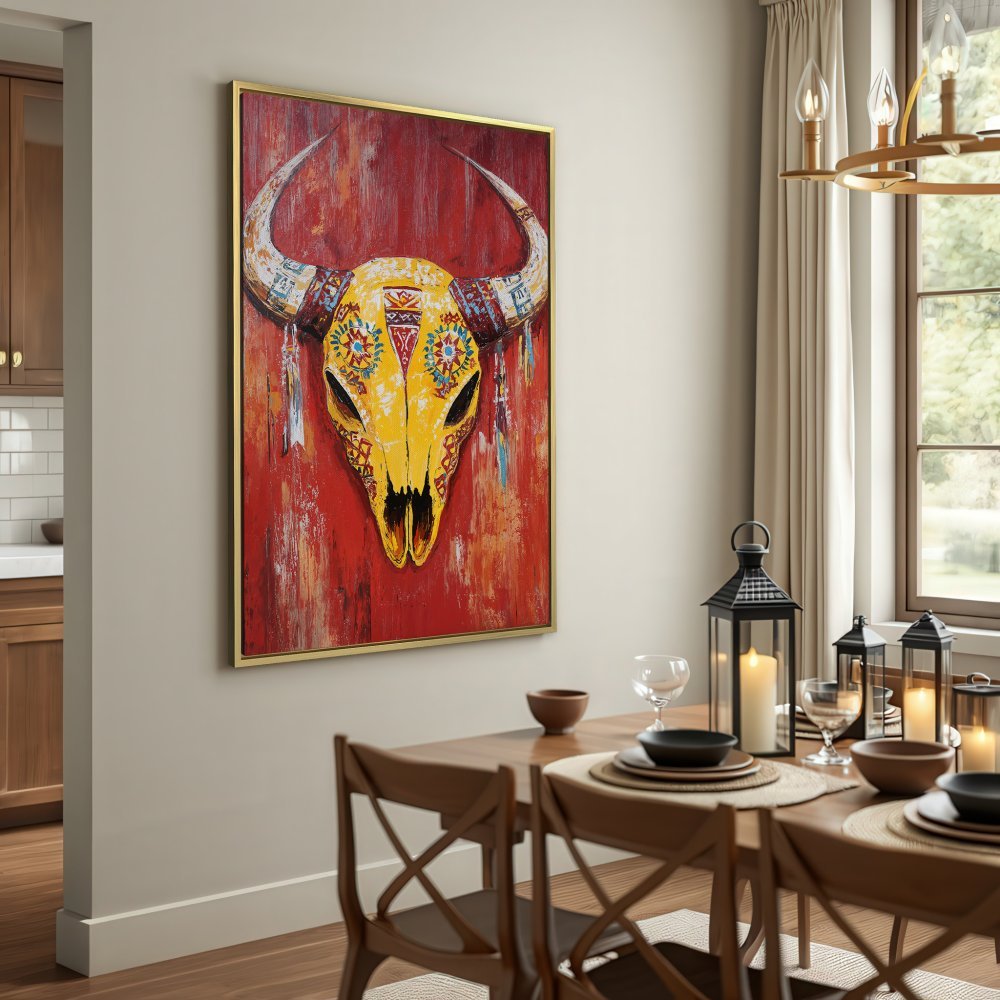 Canvas Print of a vibrant yellow bull skull on a red background. Rustic, bohemian style wall art.