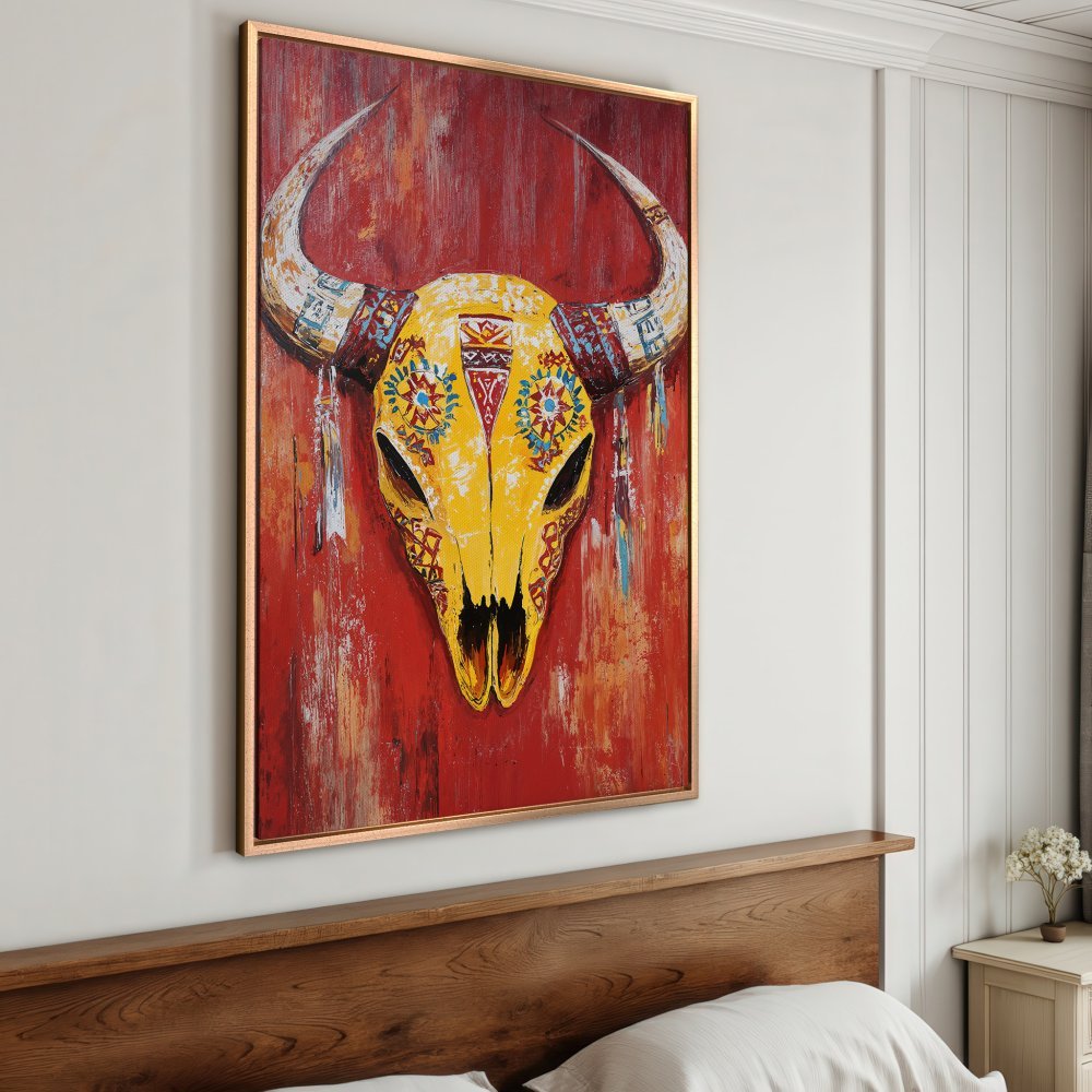 Framed Wall Art: Bold yellow bull skull painting with red background. Rustic, southwestern style. Perfect for bedroom decor.