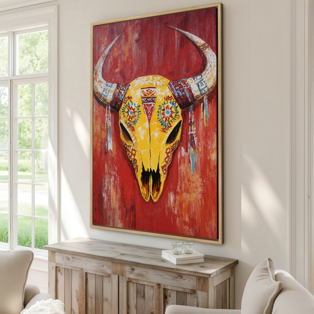 Framed Wall Art: Bold yellow bull skull on red background. Rustic, boho style Canvas Print with vibrant color palette.