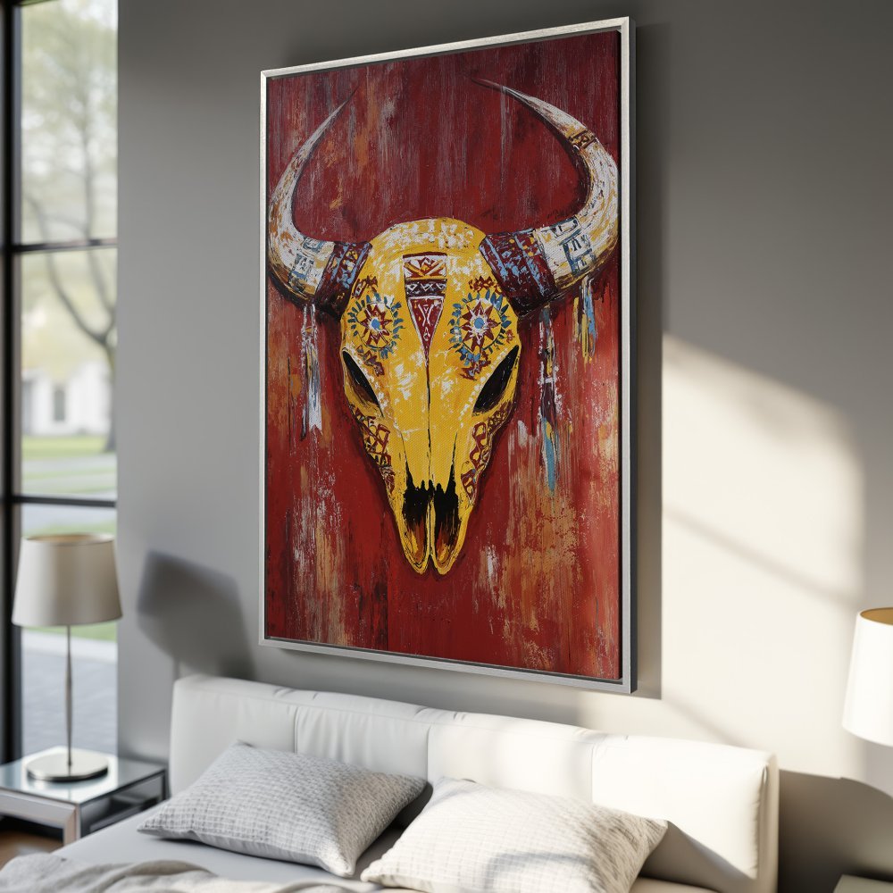 Framed Wall Art: Bold yellow bull skull canvas print with tribal details on a red background. Rustic style, perfect for modern decor.