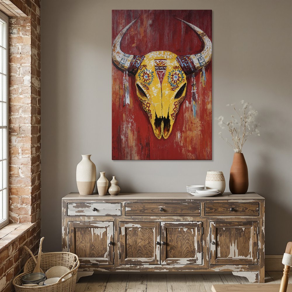 Framed Wall Art: Bold yellow bull skull on a vibrant red background. Rustic, southwestern style canvas print for home decor.