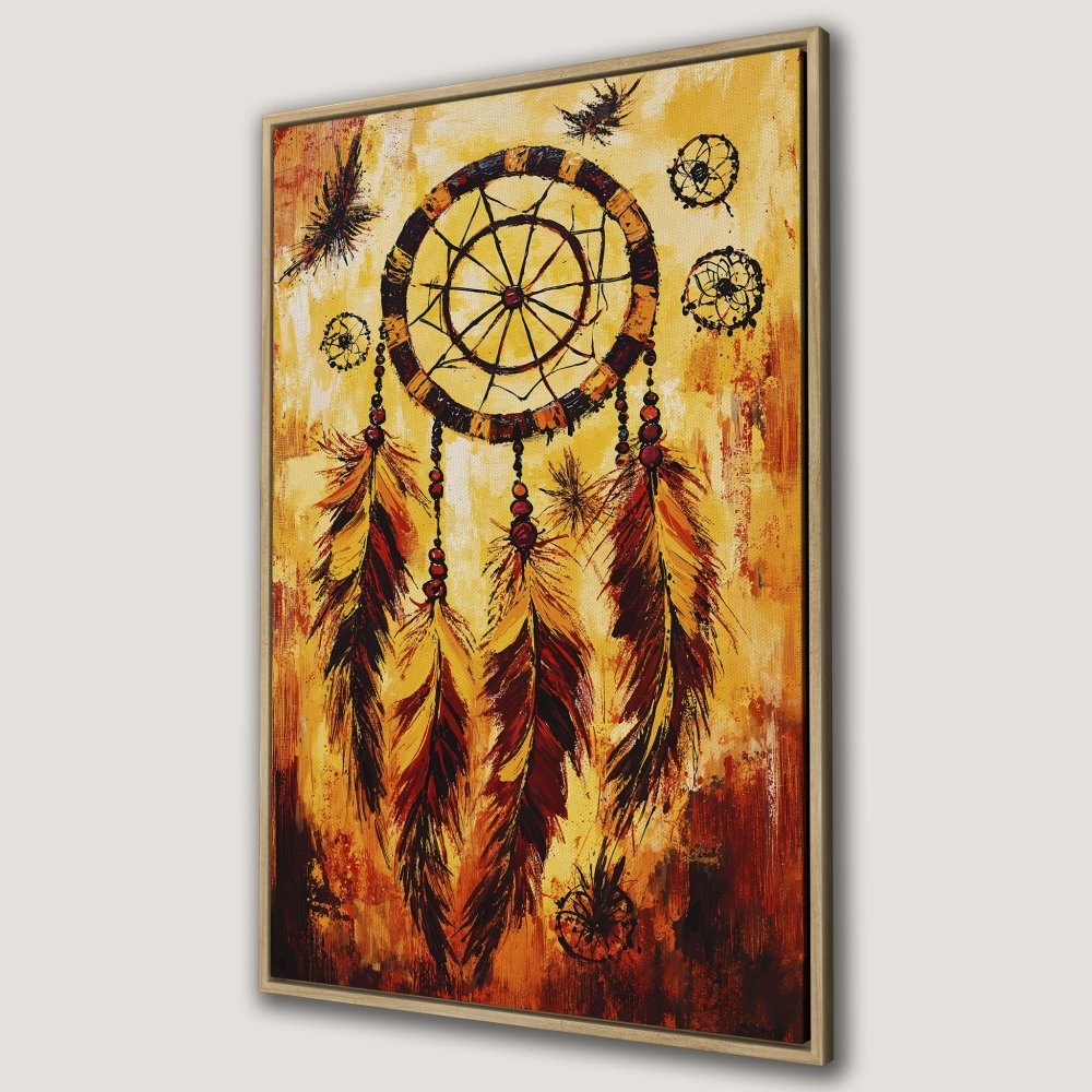 Framed Wall Art: Dreamcatcher painting with warm yellow, orange, and brown tones. Bohemian style canvas print for a unique home decor statement.