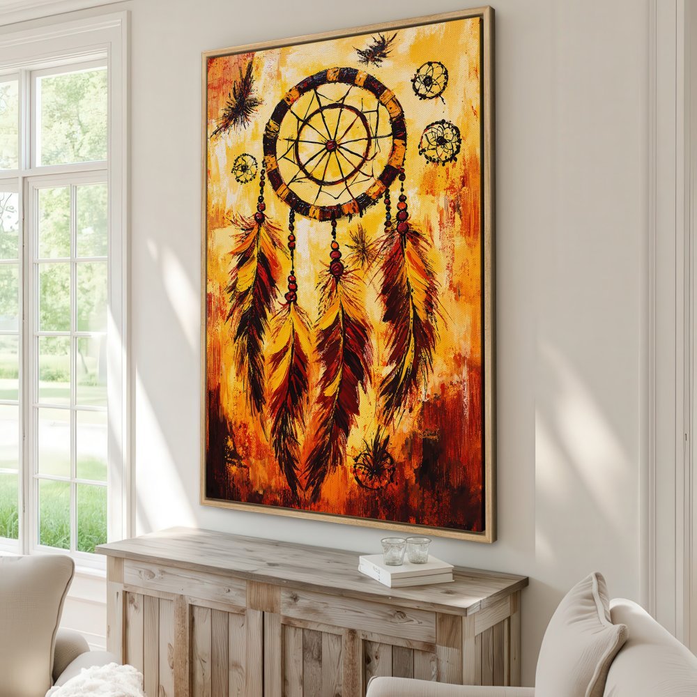 Framed Wall Art: Dreamcatcher painting in warm yellow & red tones. Perfect boho decor for your living room or bedroom. Shop now!