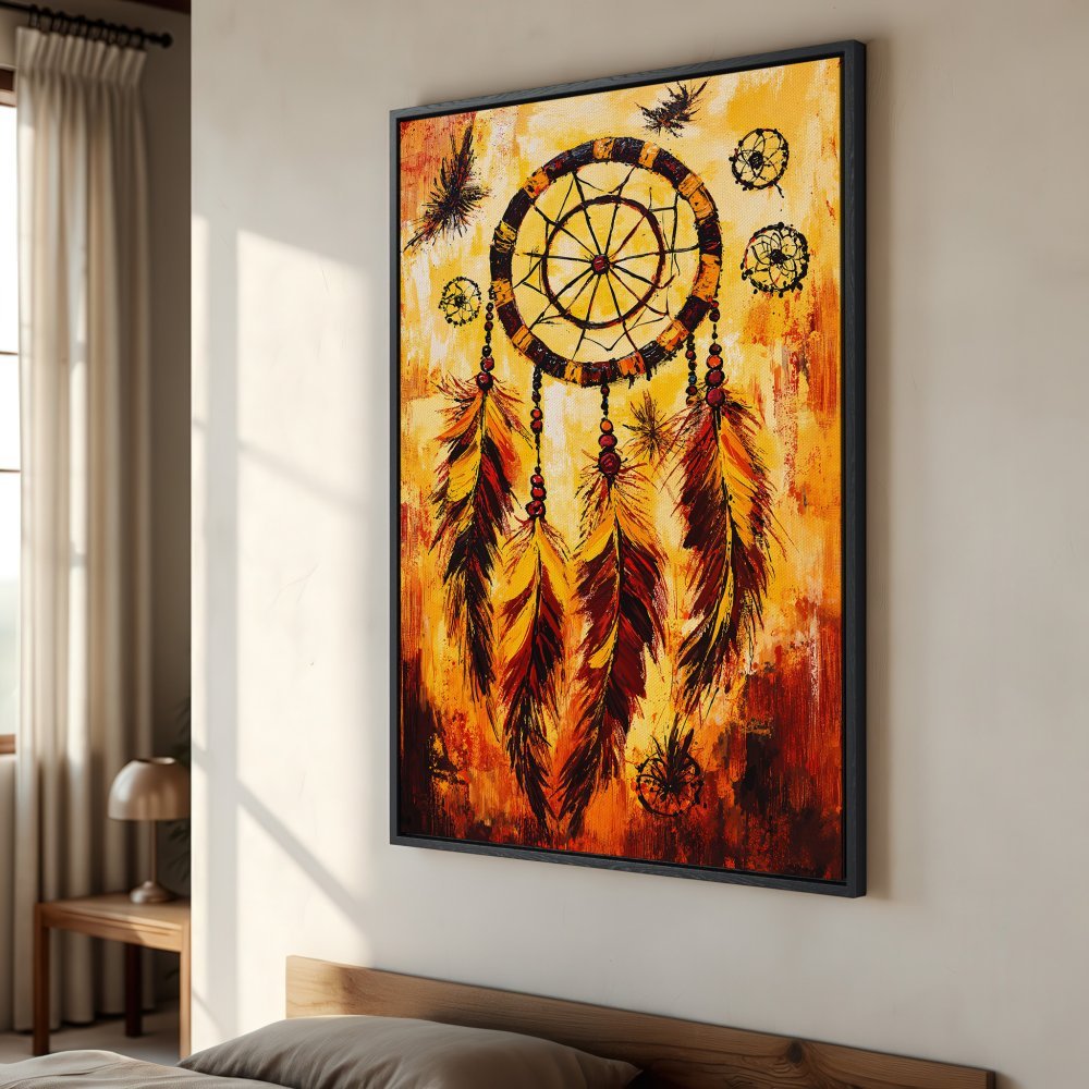 Framed Wall Art: Dreamcatcher canvas print in warm yellow and red tones. Boho style art perfect for bedroom decor.