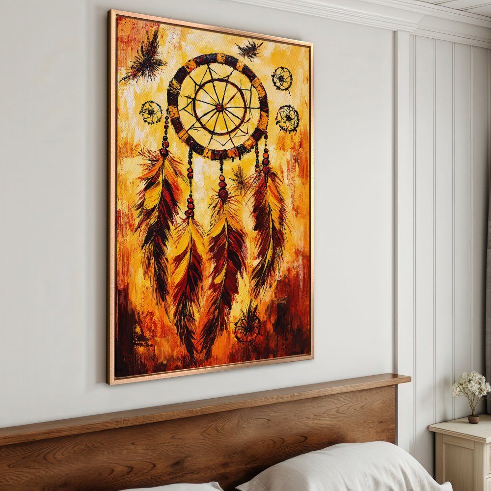 Framed Wall Art: Dreamcatcher canvas print in warm yellow & red tones. Add bohemian flair to your space with this vibrant, textured artwork.