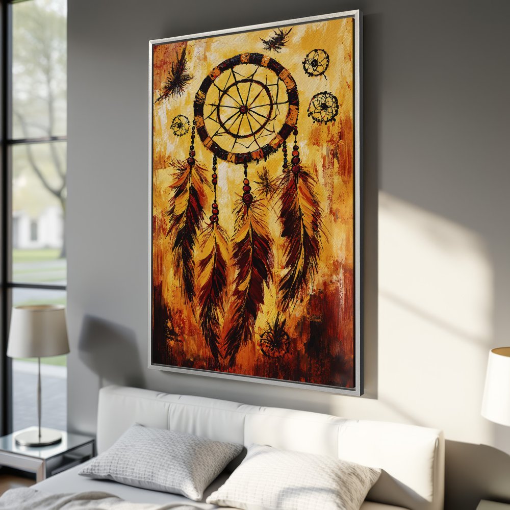 Framed Wall Art: Dreamcatcher Canvas Print in warm yellow & brown tones. Boho style artwork adds a touch of serenity to any space. Shop now!