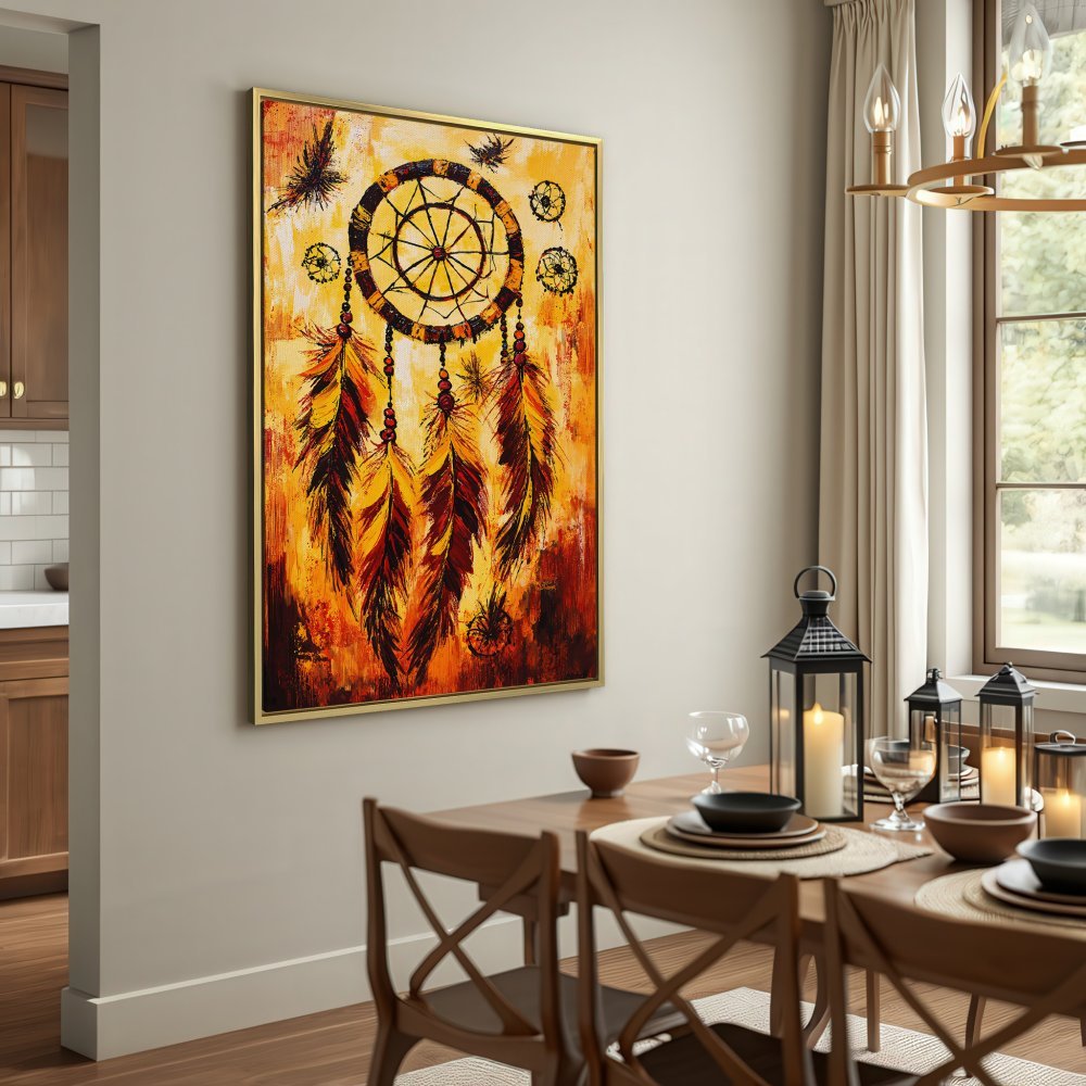 Dreamcatcher Canvas Print in warm orange and brown tones, perfect for boho decor. Shop now for unique wall art!