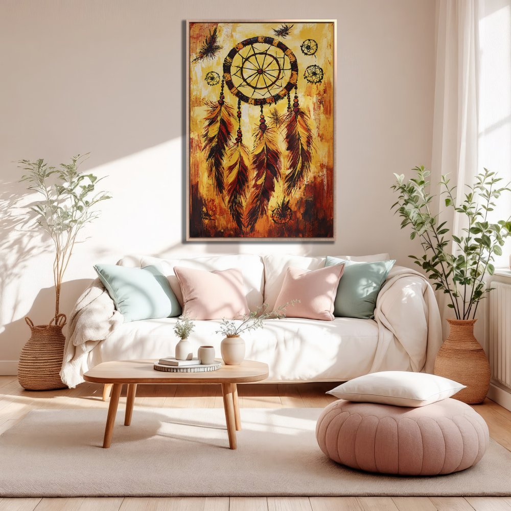 Framed Wall Art: Dreamcatcher painting in warm yellow and brown tones. Perfect boho decor for living rooms. Shop our Canvas Print collection!
