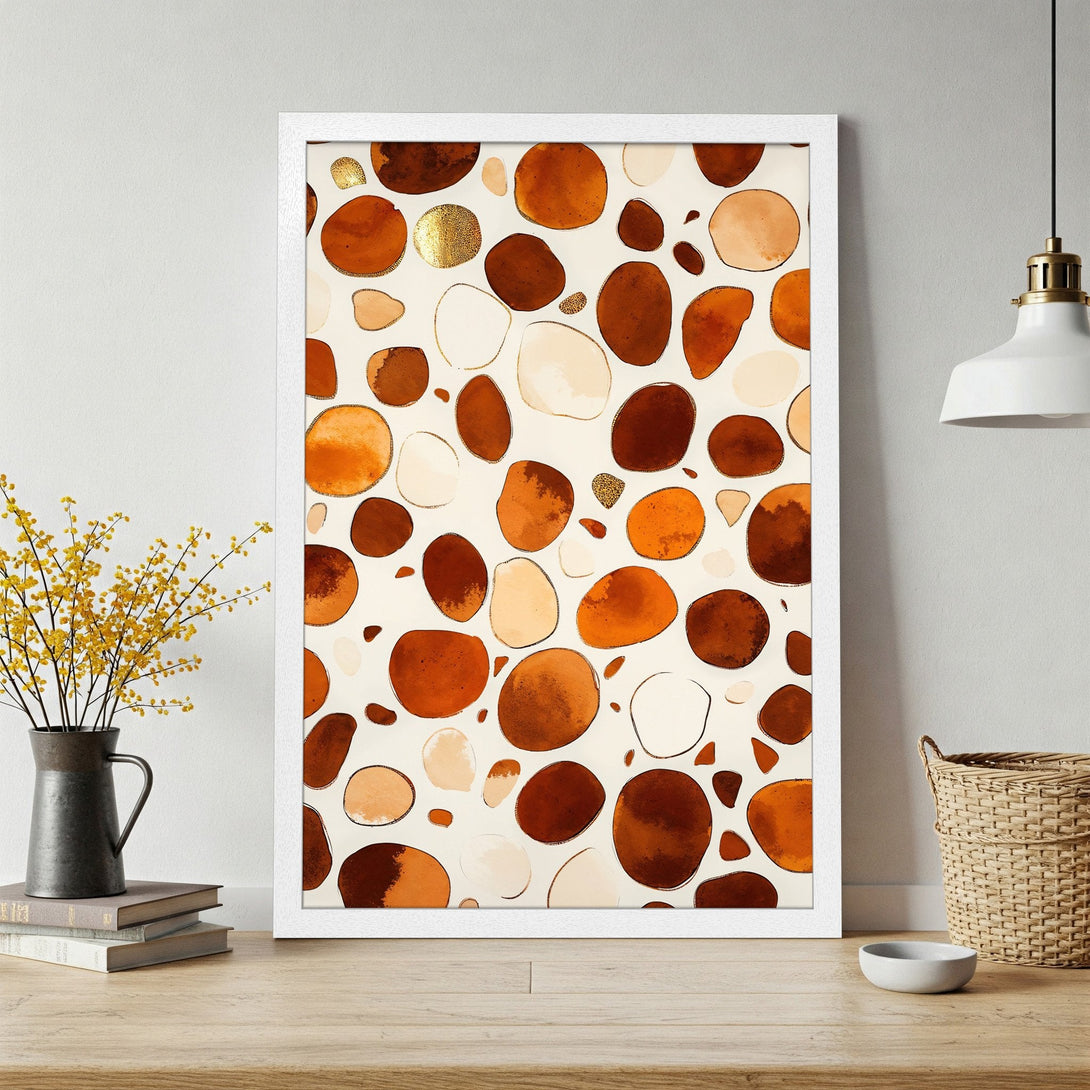 Framed Poster featuring abstract organic shapes in warm earth tones. Modern art print perfect for any home decor style.