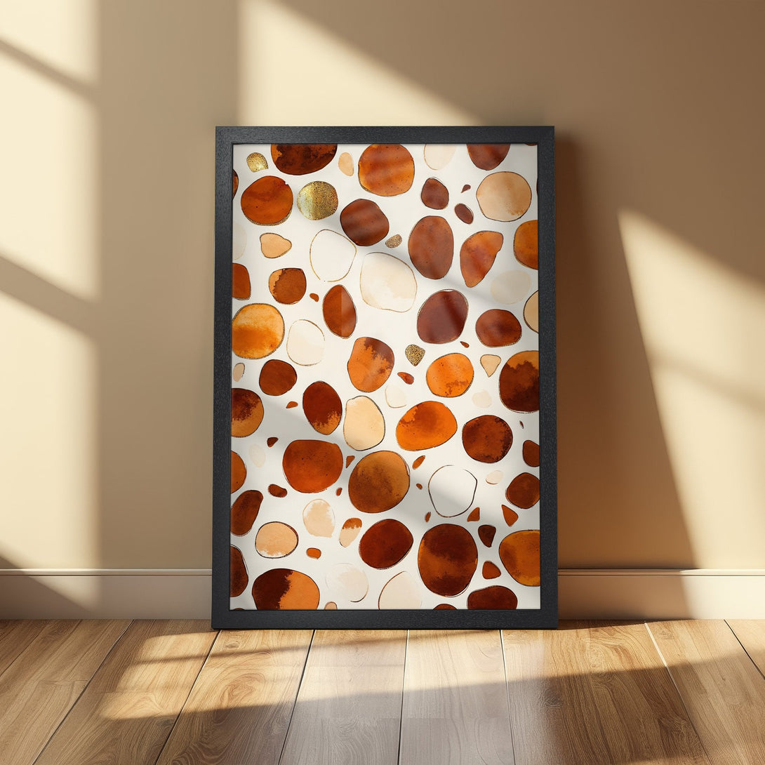 Framed Poster featuring abstract organic shapes in warm earth tones. Modern art print for home decor.