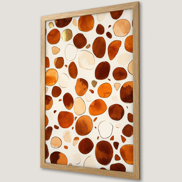 Framed Poster featuring an abstract watercolor design with organic shapes in warm earth tones and gold accents. Modern art for your home.