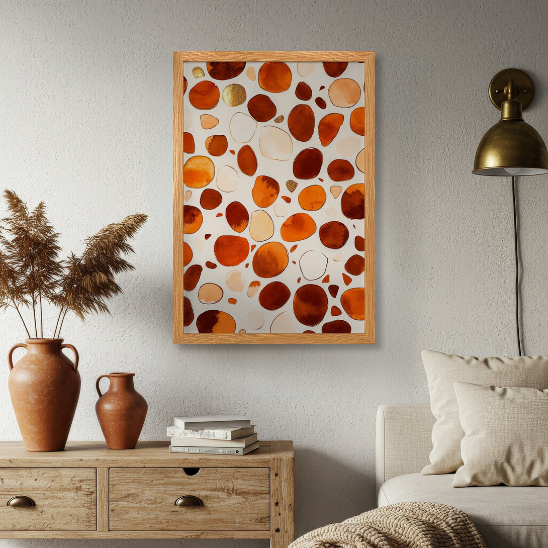 Framed Poster featuring abstract orange and brown shapes on a white background. Modern art print with warm, earthy tones.