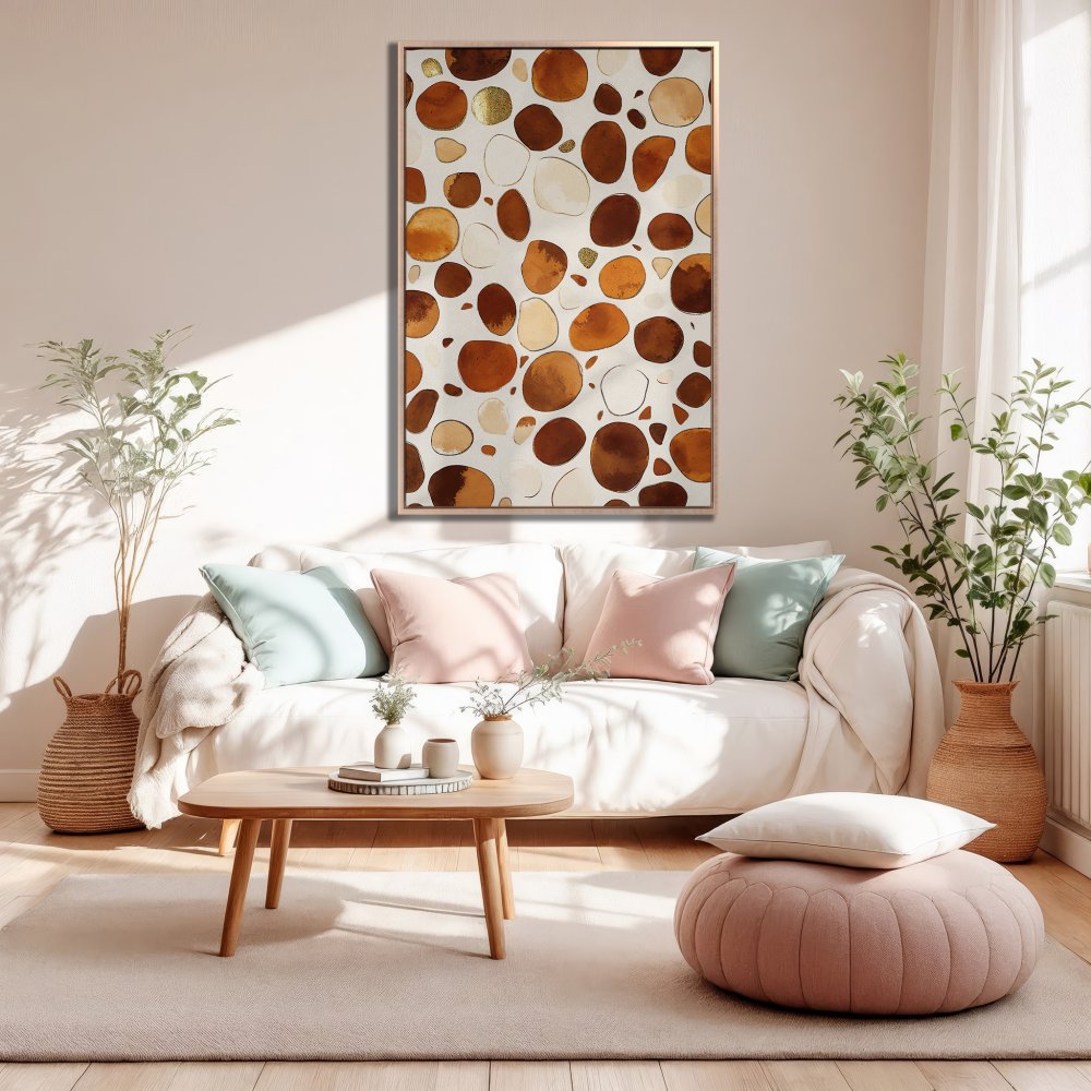 Framed Wall Art: Abstract pebble design in warm brown and beige tones. Perfect for adding a touch of modern style to your living room.