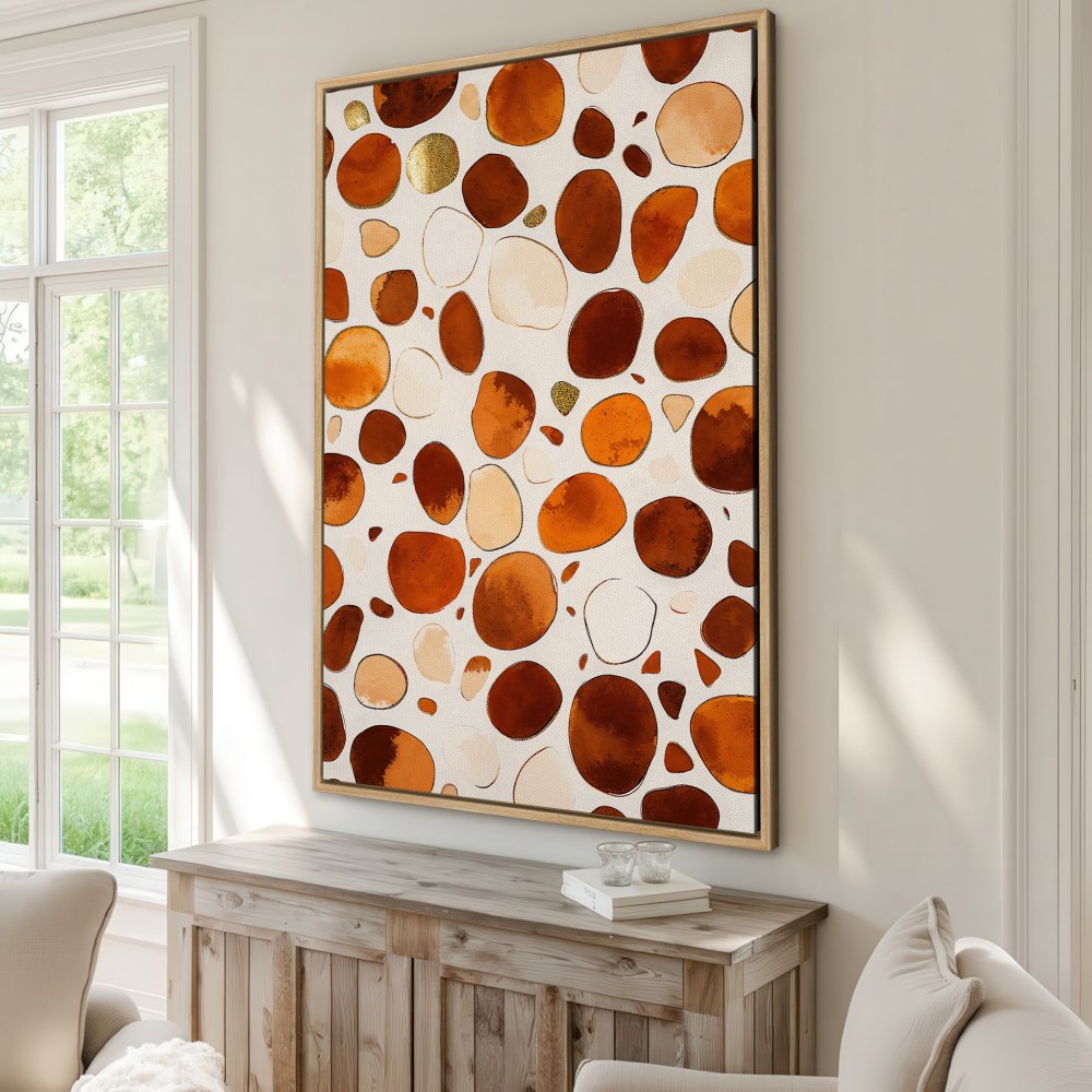 Framed Wall Art: Abstract pebble pattern in warm orange and brown tones. Add a touch of modern art to your space!