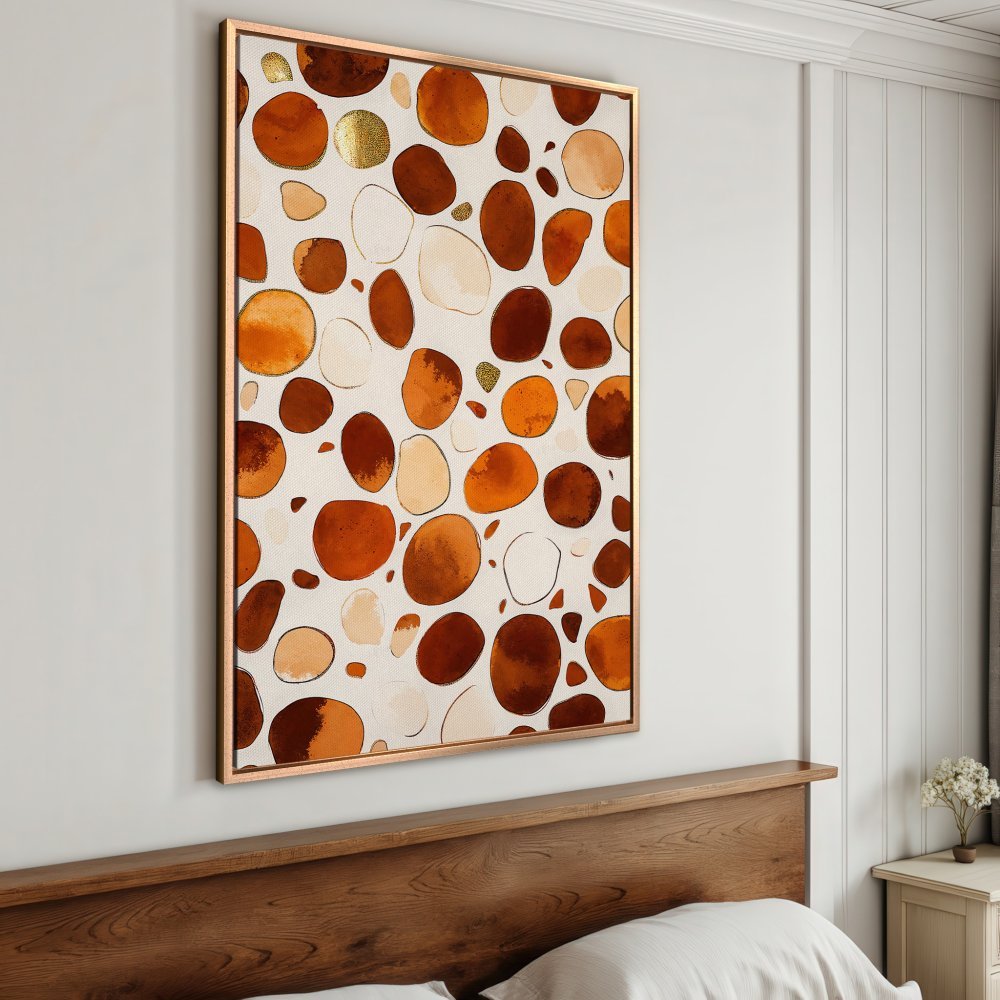 Framed Wall Art: Abstract pebble design in warm orange, brown, and cream tones. Modern art for living room or bedroom decor.