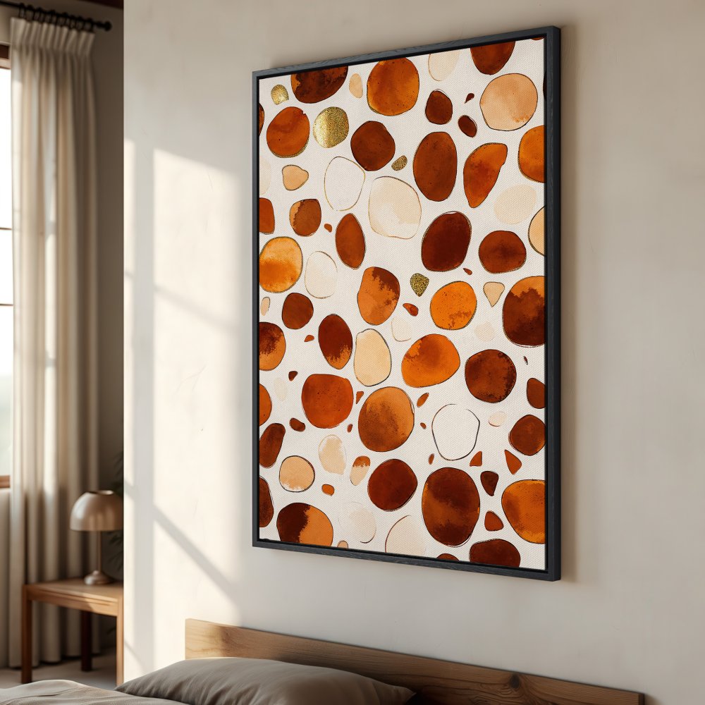 Framed Wall Art: Abstract earth-toned watercolor circles Canvas Print, perfect for modern bedroom decor. Neutral palette of browns, oranges, and cream.
