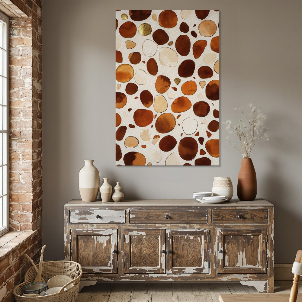 Framed Wall Art: Abstract pebble design in warm orange and beige tones. Perfect for modern dining rooms. Shop now!