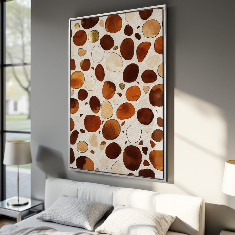Framed Wall Art: Abstract stone pattern canvas print in warm brown, beige, and gold tones. Modern art for bedroom decor.