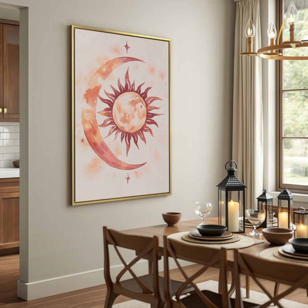 Canvas Print featuring a watercolor sun and moon design in warm, earthy tones. Perfect boho wall art for your home!