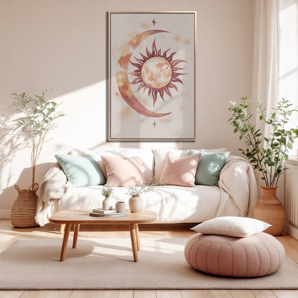 Framed Wall Art: Boho sun and moon watercolor print in warm peach and blush tones. Perfect for living room decor!
