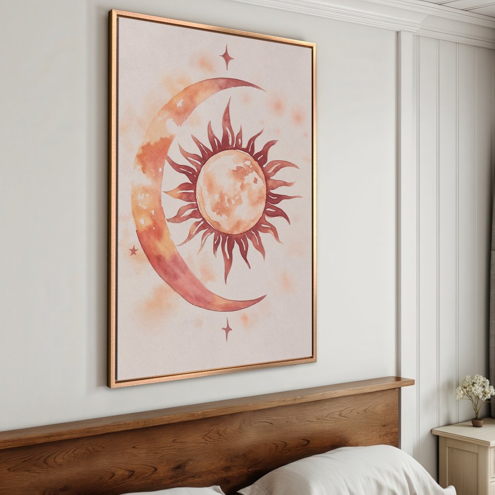 Framed Wall Art: Watercolor celestial sun and moon print in warm orange hues. Boho style canvas art for bedroom decor.