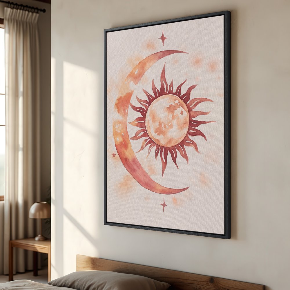 Framed Wall Art featuring a watercolor sun and moon design in warm orange tones. Perfect boho decor for your bedroom!